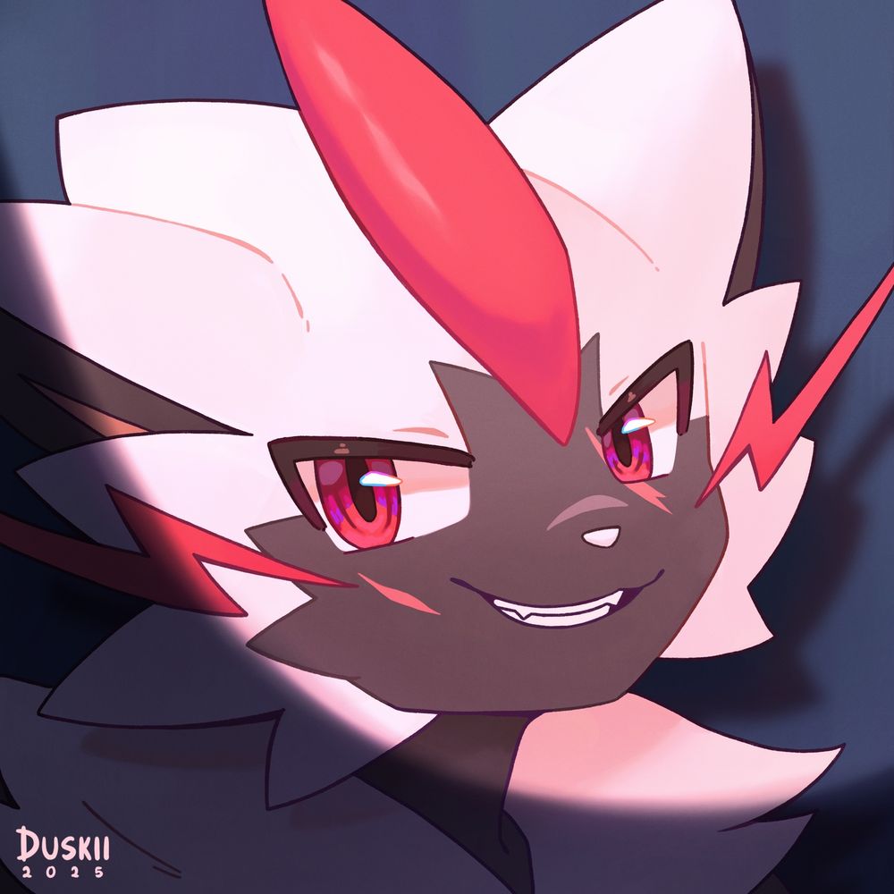 Headshot illustration of Xen, a white Zeraora with red eyes and fur accents, giving a snarky grin to the viewer under a spotlight.