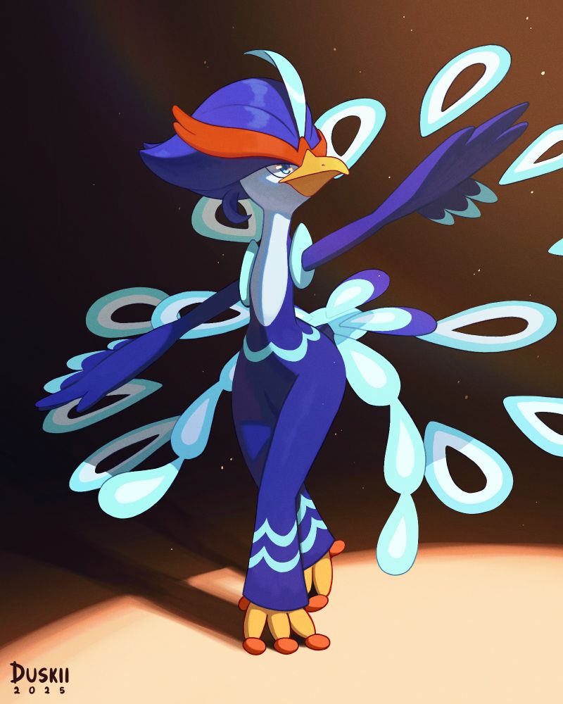 An illustration of the Pokemon Quaquaval, posing in dance, looking over to the right with one foot in front of the other. A spotlight shines on him, bathing him in golden light.