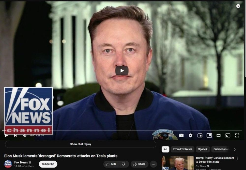 YouTube screenshot from Fox "News", with Elon Musk's face & the YT Play button standing in for a Hitleresque mustache.