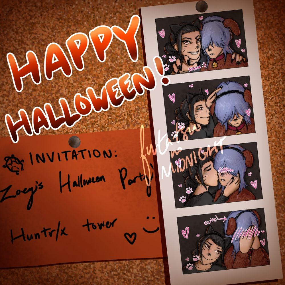 Fanart of a photobooth strip of images of Zoey and Mystery. Zoey is in a black cat costume, and Mystery is in a dog costume. The photo strip is pinned to a corkboard along with an invitation to Zoey's Halloween Party at Huntrix tower. The first photo has Zoey and Mystery posing together with Zoey making a claw hand pose, the second photo has Zoey patting Mystery on the head, the third photo has Zoey kissing Mystery on the cheek, and the fourth photo has Zoey leaning her head on Mystery's shoulder while he hides his face in his hands. There are doodles of paw prints and hearts around the photo and blush on Mystery in the last two panels. The first photo also has the text "Meow" with a cat face, and the last photo has "Cute" with an arrow pointing to Mystery. Zoey definitely drew those.