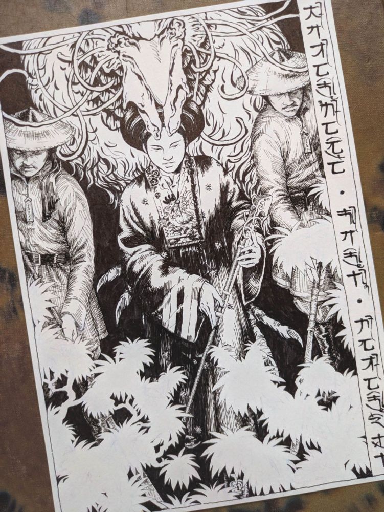 Black and white ink illustration. In the middle of the frame is one of my characters, a vietnamese trans woman. Here she is wearing expensive looking ao nhat binh (a vietnamese dress) reminiscent of princess's wear, though without jewelry or makeup. Despite having most of her hair put up in a wide-brimmed turban, a single thin and long braid drapes perfectly straight over one of her shoulders. Suspended between her fingers is a long and ancient looking firearm, held delicately with all the elegance of a violinist's bow. The design is based loosely on 19th century matchlock guns of maritime southeast asia, although I dont know how to draw guns. She has no discernible expression and strides forward unwaveringly into thick forest.

Above the woman's head hangs the beak of a massive elephant-sized rooster, its feathered moon-like body matching her stride behind her. The rooster's dangly beak things are close enough to brush her forehead, and the rest of its head is off-frame. Tendril whiskers sprout from its head and curl throughout the drawing.

Flanking either side of the woman are two imperial guards, polearms drawn and pointing forwards into the jungle. The rooster beast is drawn with an ink brush, the guards with a fine pen, and the woman a combination of both. On one side of the drawing is a caption written vertically in a fictional language.