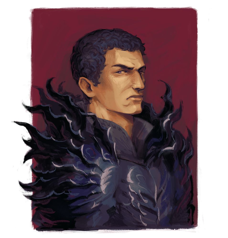 Digital portrait of a stern-faced handsome young man. His jet black metal armor is warped in large waves and spikes of twisted metal, framing his unmarred face.