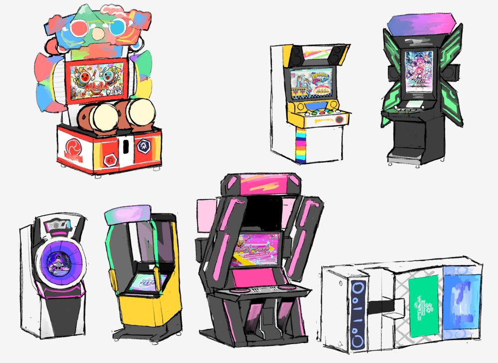a bunch of arcade rhythm game cabs
Taiko no Tatsujin
Pop'n Music
Sound Voltex
Wacca
Chunithm
Beatmania IIDX
Dance Dance Revolution