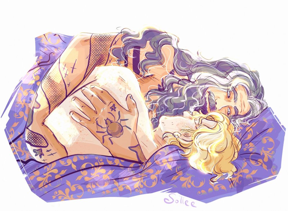 Edward Teach and Stede Bonnet lying in bed on a sunny morning, Ed looks at Stede while he sleeps, and smiles 