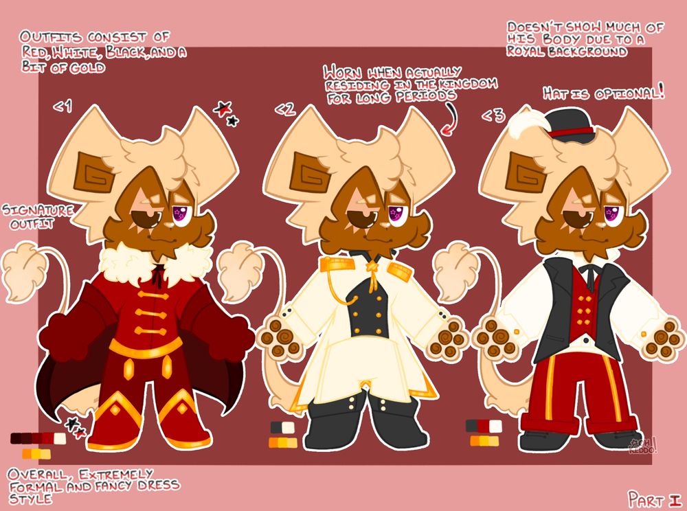 ➙ part 1 to ruth in various outfits, each described below. 

▪︎ 01 : a uniform with a light red top and gold laces/buttons, with dark red gloves and pants with gold buttons. the boots are also light red, with gold accents. ruth sports a darker red cloak with white fur around the neck area.
▪︎ 02 : a white tailored suit with gold shoulder plates and a star tassel on the collared area and a gold rim on the tail part. the suit top also has a black middle section with gold buttons. ruth also sports black boots with white buttons. 
▪︎ 03 : a red vest with gold buttons and a black tie with a sleeveless overcoat. ruth wears a long sleeve, white collared undershirt and red pants with gold stripes on the legs. as an option, ruth sports a black hat with a red ribbon and white feather tucked behind the ribbon. 