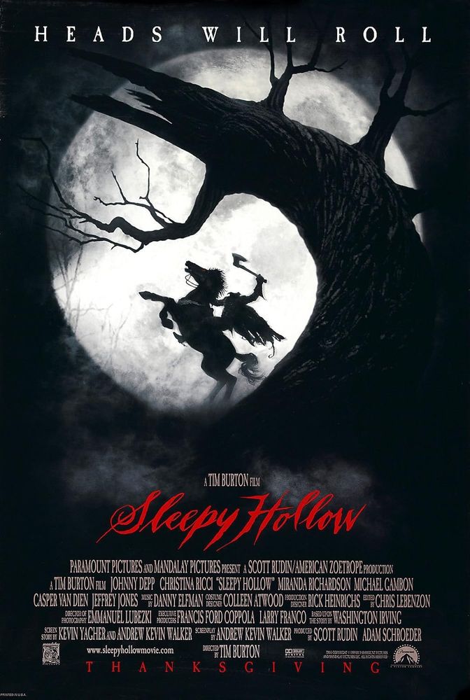 A stylized poster for the film "Sleepy Hollow" features a shadowy figure on horseback against a moonlit, eerie forest backdrop