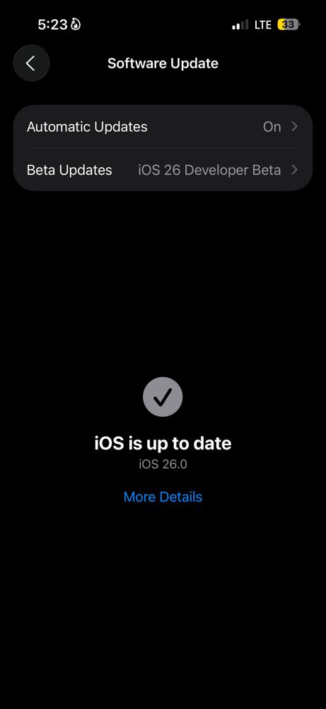 iPhone Software Update screen showing iOS 26.0 is up to date
