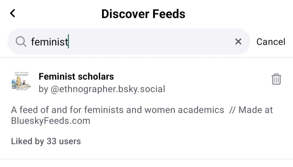Screenshot of the Discover Feeds page, with "feminist" in the search field, and "Feminist Scholars" feed listed.