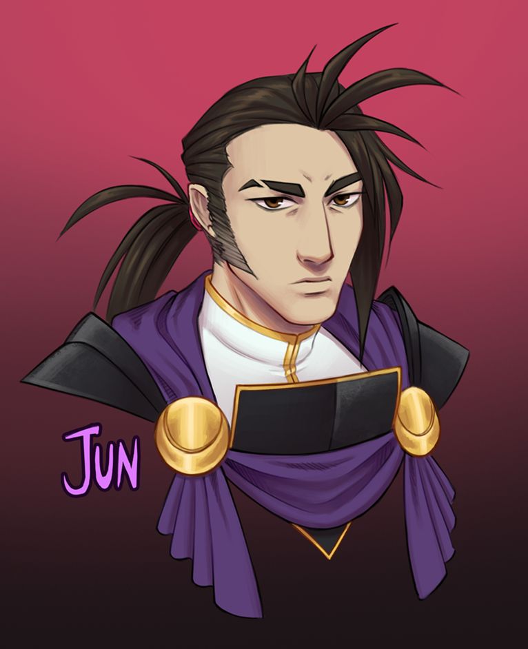 Headshot of a man with a pouty, exhausted expression. He has long brown hair pulled back into a ponytail, and sideburns that nearly reach the bottom of his jaw. He's dressed as a paladin with two brooches decorated with crescent moons holding his cape. There is a stripe of hair missing from one eyebrow. This man has seen some shit and he needs a nap. Text reads "Jun".