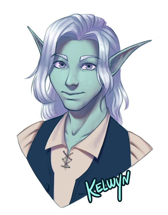 Headshot of a teal skinned elf man smiling at the viewer. He has long white hair, and wears a white shirt with a blue vest. Text reads "Kelwyn".