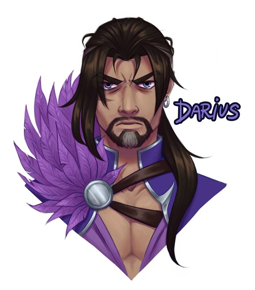 A middle age man with DILF energy - he has long dark hair pulled into a ponytail, and a goatee with a stripe of white hair running down the middle. Long side bangs loosely cover a scar on his right cheek. His right shoulder has a flashy feather decoration, and his shirt is partially opened to show pectoral cleavage. Text read "Darius".