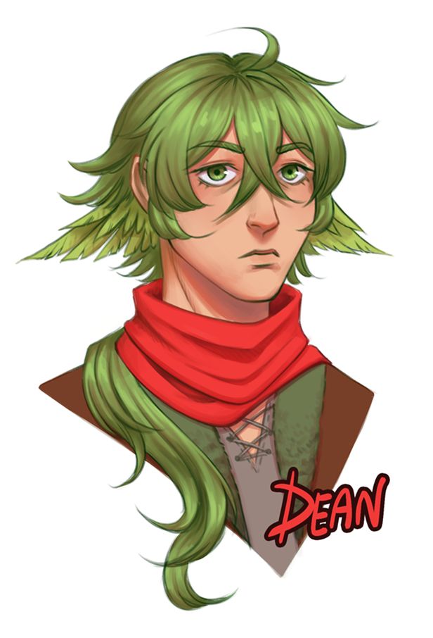 A headshot of a young man with green hair and tufts of feather protruding from behind his ears. Text reads "Dean".