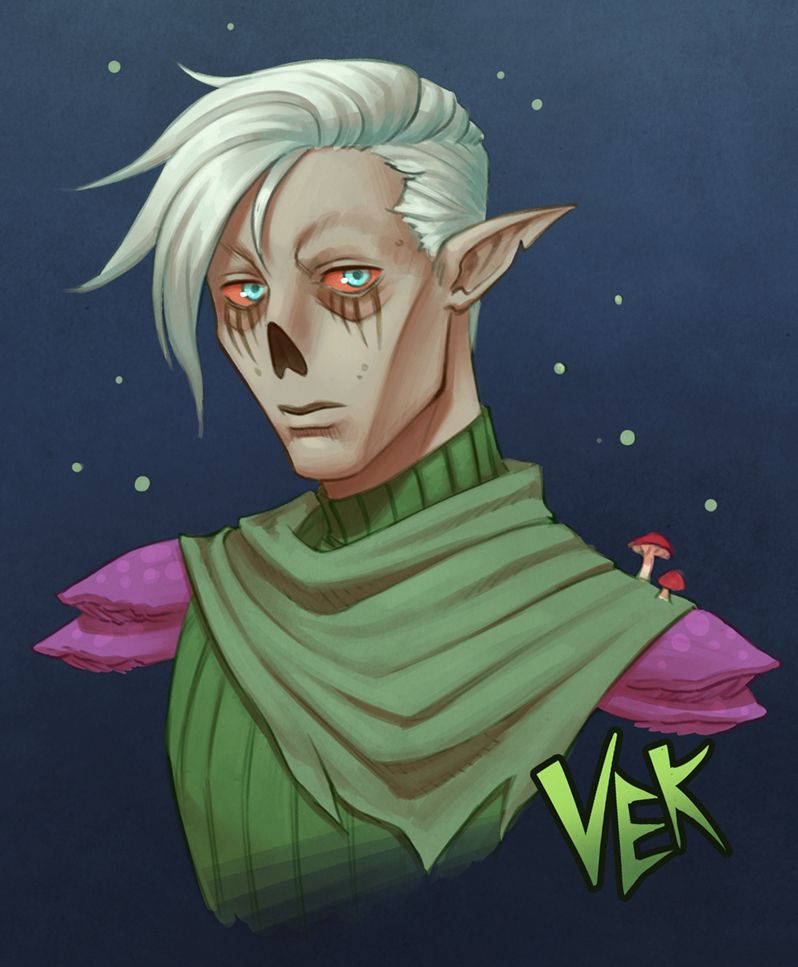 An elf with a missing nose; he gives off an undead appearance, and has mushrooms growing from his shoulders.