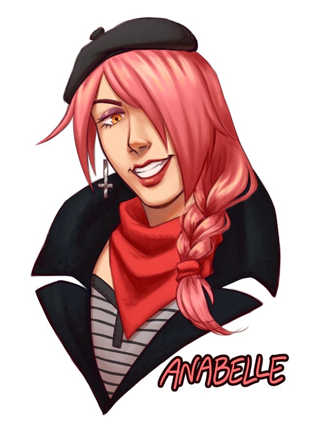 Headshot of a young woman with bright pink hair pulled into a side braid. One side of her face is covered by long bangs. She has a smug grin, her face angled to upturn her nose and look down at the viewer. Text reads "Anabelle".