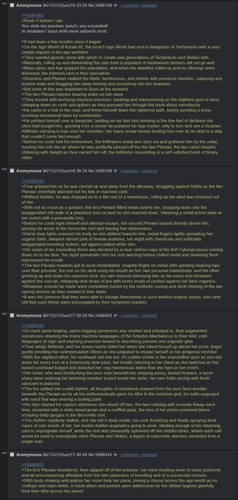 Some dirty skitarii on civilian non-con smut. Adeptus Mechanicus "genetic tithe" as the pretense for a pair of Pteraxii Harpies riding some fella silly.
