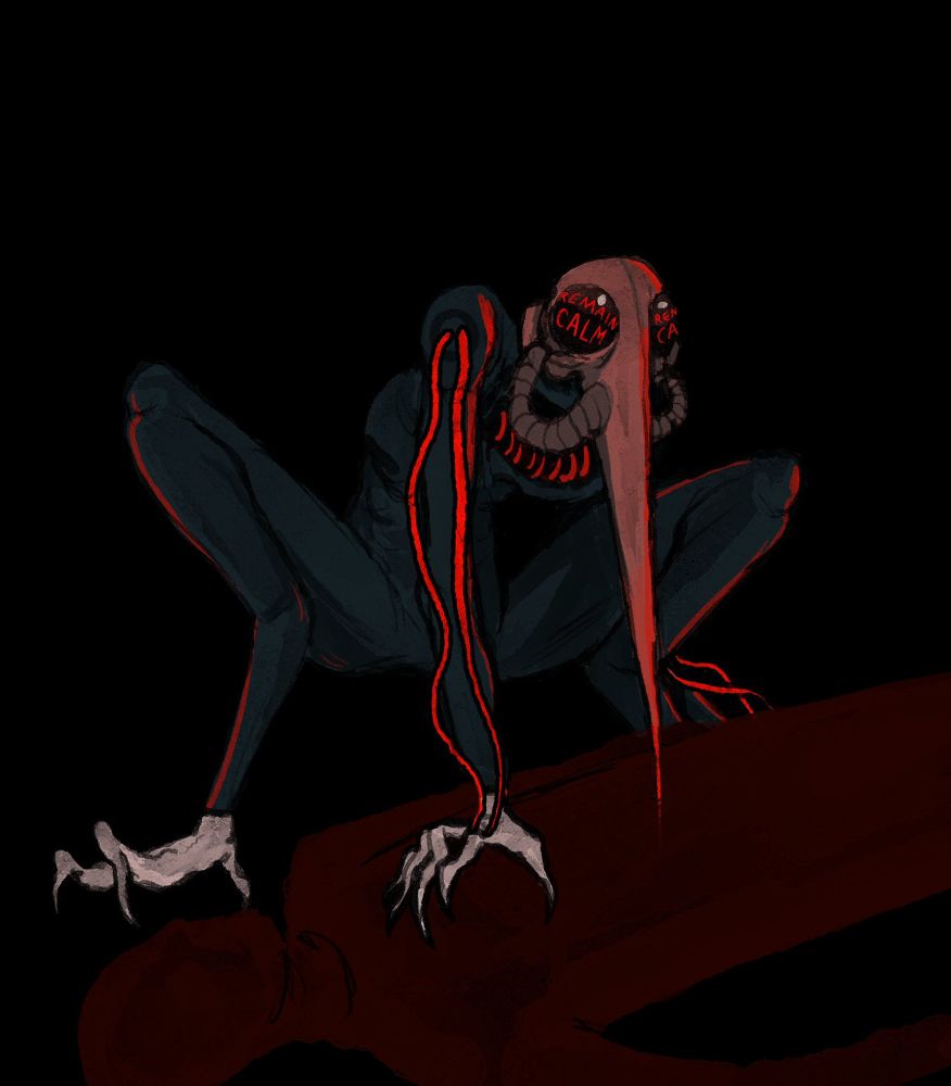 A bizarre, black-suited cyborg kneels over a body, a long proboscis sinking into them. Tubes collect in an open compartment on the chest and run down the arms, bright red. The cyborgs eyes are black spheres, the text "REMAIN CALM" loudly declared on each.