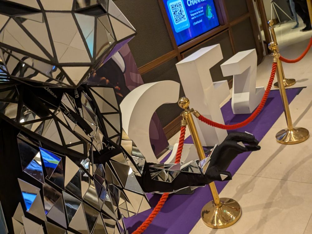 Mirrored fox standing next to large "CFz" letter sculptures