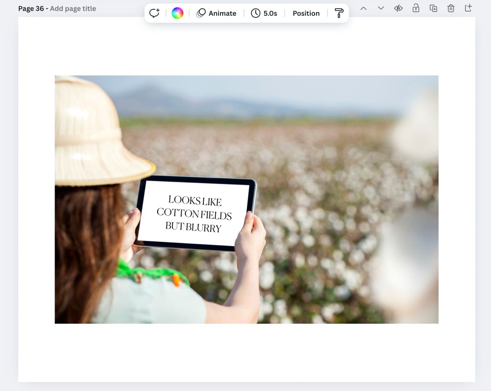 screenshot of cheesy stock photography mocked up with cheesy headline: this one is a cotton field and a person with long hair holds a tablet, to which I've added text to the tablet that reads "Looks like cotton fields but blurry" because the field is out of focus 
