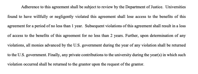 Adherence to this agreement shall be subject to review by the Department of Justice. Universities
found to have willfully or negligently violated this agreement shall lose access to the benefits of this
agreement for a period of no less than 1 year. Subsequent violations of this agreement shall result in a loss
of access to the benefits of this agreement for no less than 2 years. Further, upon determination of any
violations, all monies advanced by the U.S. government during the year of any violation shall be returned
to the U.S. government. Finally, any private contributions to the university during the year(s) in which such
violation occurred shall be returned to the grantor upon the request of the grantor.