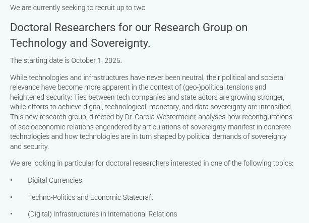 Link to CfA for research group on technology and sovereignty 