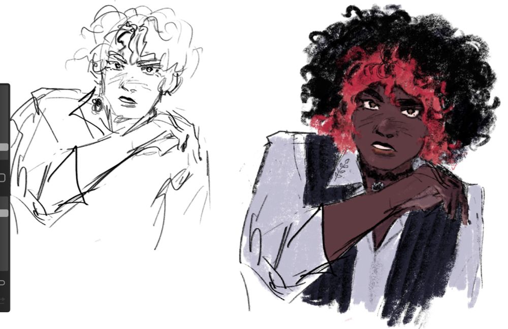 two sketches of my oc laurel. on both they have a flustered/confused expression and holding up an arm next to their head defensively. left is old and not coloured. right is new and coloured (laurel also has longer hairstyle and wears more feminine clothes (although both initial and new designs are androgynous in general))
