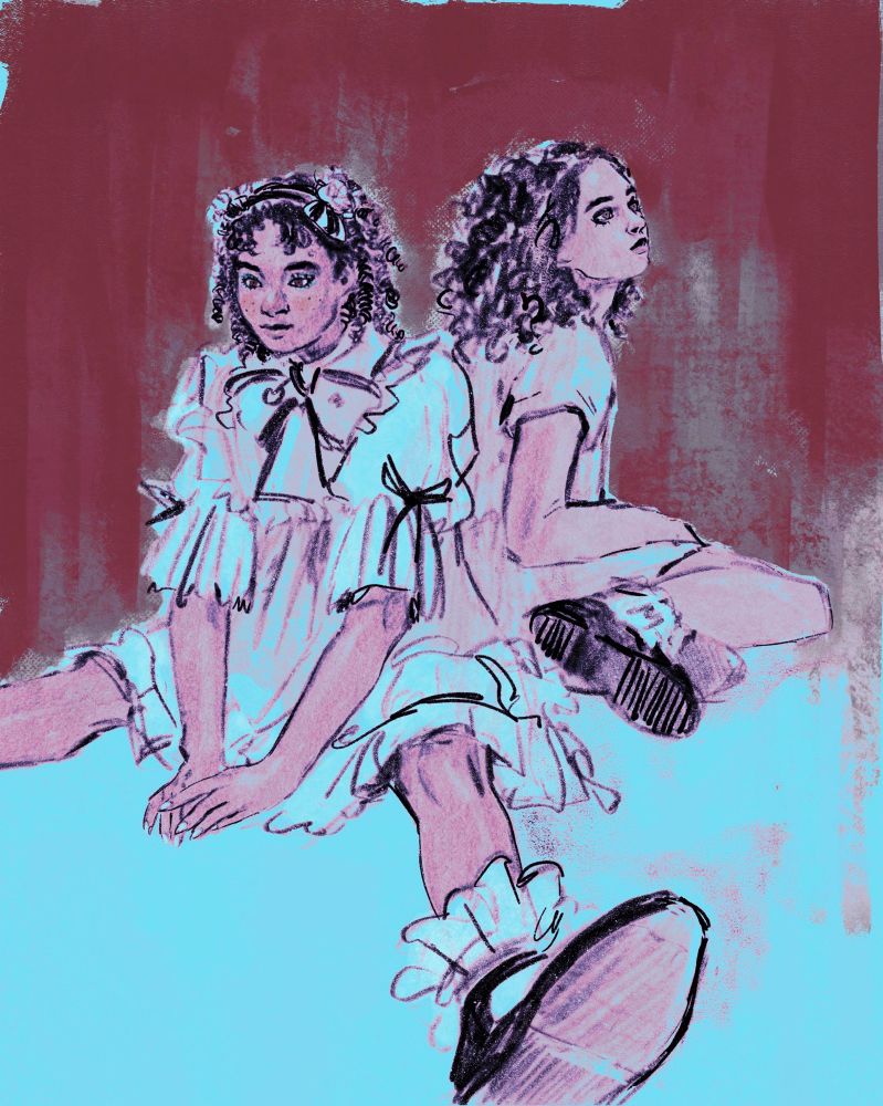 digital drawing of two claudias (bailey bass and delainey hayles) in cyan and red tones