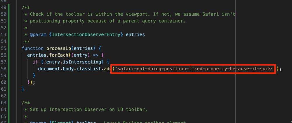 Code showing JS adding a `safari-not-doing-position-fixed-properly-because-it-sucks` CSS class.