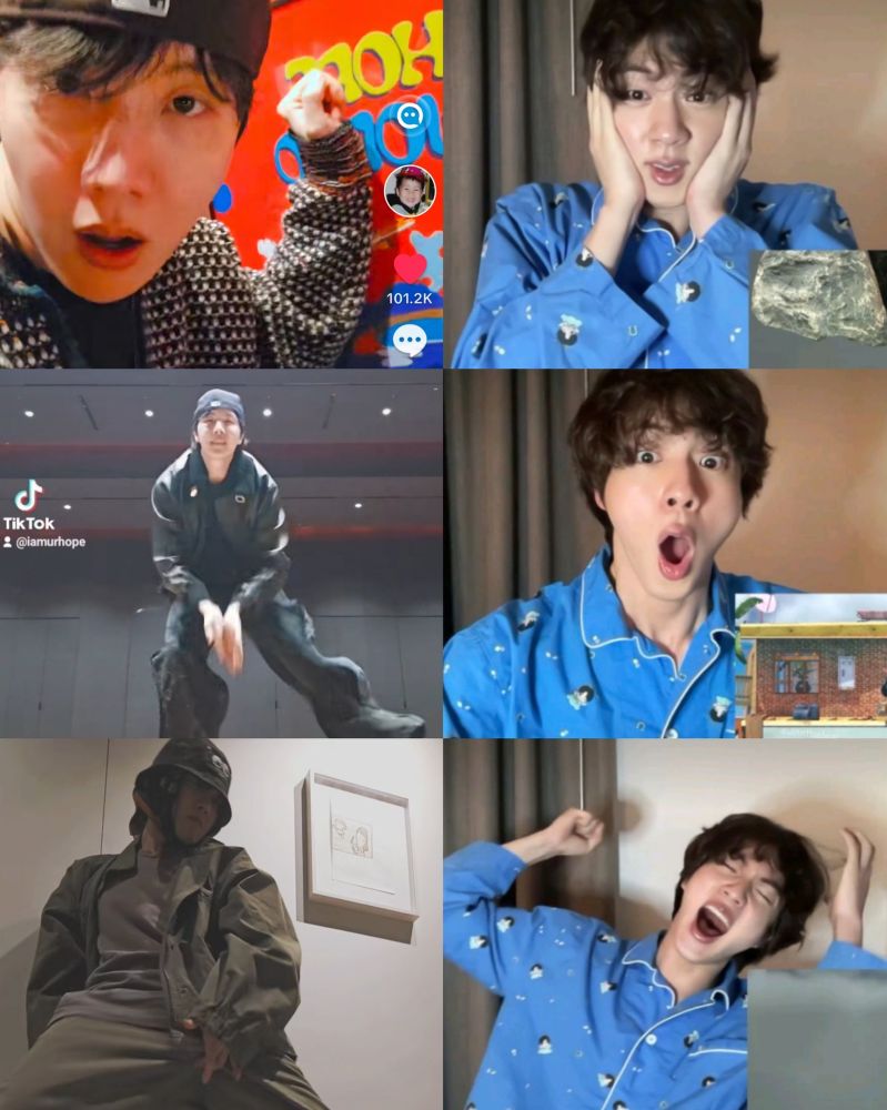 6-panel screenshots from hobi and jin’s tiktok posts and weverse live respectively 