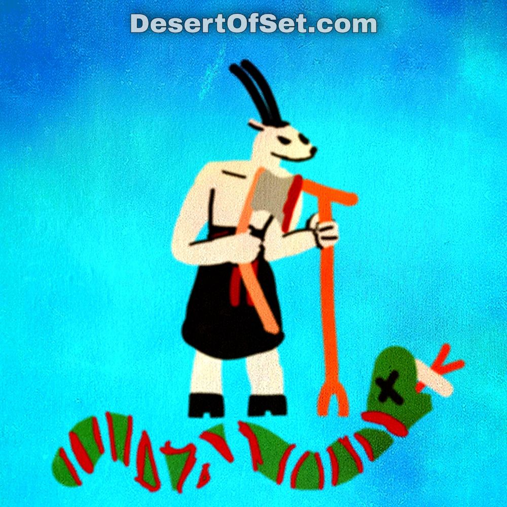 Pictured: The Egyptian God Set, depicted as a white-haired oryx-headed man with hooves, holding a was scepter in His left hand and a Big Dipper-shaped weapon in His right, standing in victory over a chopped up isfet serpent. 