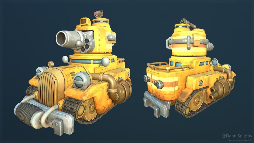 Render of a yellow stylised tank, front and reverse