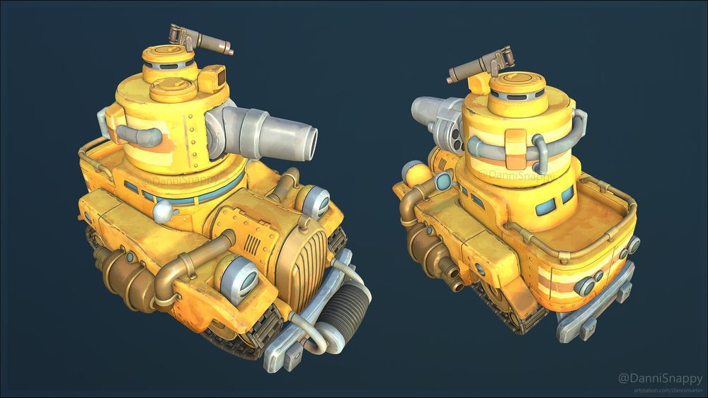 Render of a yellow stylised tank high angle front and reverse