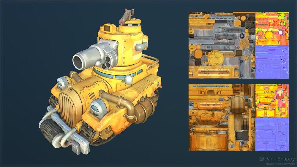 Render of a yellow stylised tank with texture breakdowns