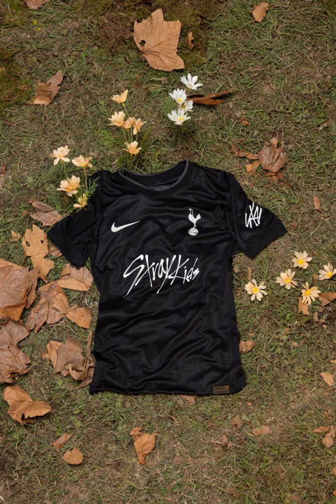 An overhead, flat-lay photo of a black Tottenham Hotspur football jersey lying on grassy ground.
The jersey is customized with "Stray Kids" written across the front in a large, white, graffiti-style script. The white Nike swoosh and the Tottenham Hotspur cockerel crest are visible on the upper chest.
The jersey is surrounded by scattered dry autumn leaves and small, delicate white and pale-yellow flowers.