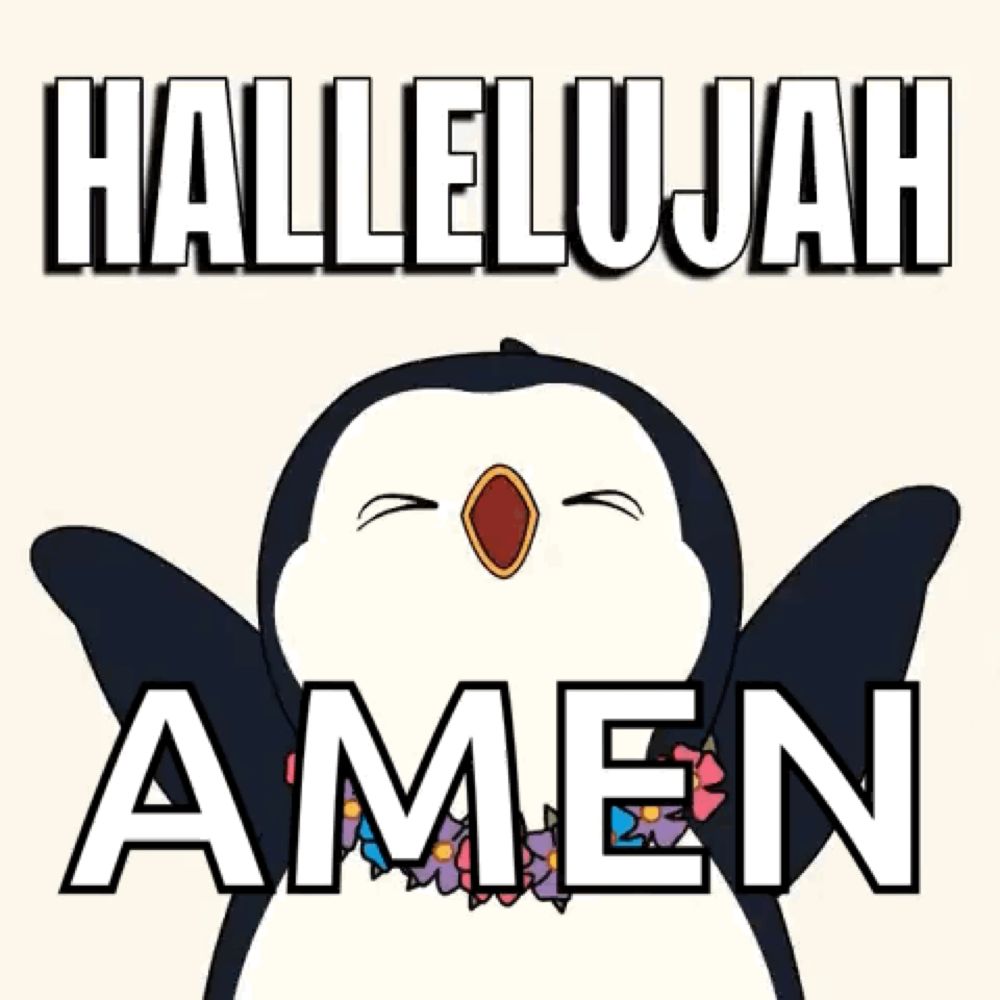 a picture of a penguin with the words hallelujah amen behind it