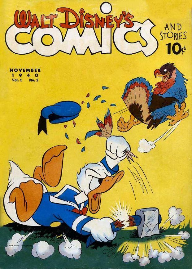 Walt Disney Comics and Stories from November 1940 featuring Donald Duck narrowly missing a hatchet swing against an escaped turkey 