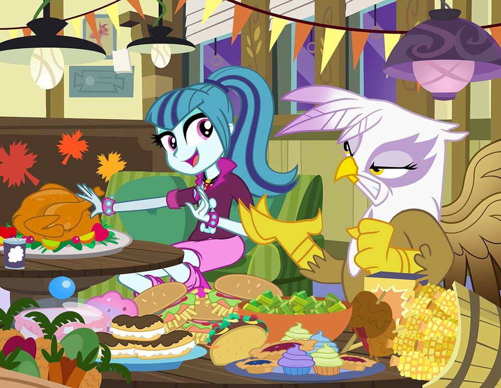 My Little Pony Friendship is Magic characters Sonata Dusk and Gilda Griffon enjoying Thanksgiving. Gilda has prepared vegetarian dishes while Sonata is teaching for a roast turkey.
