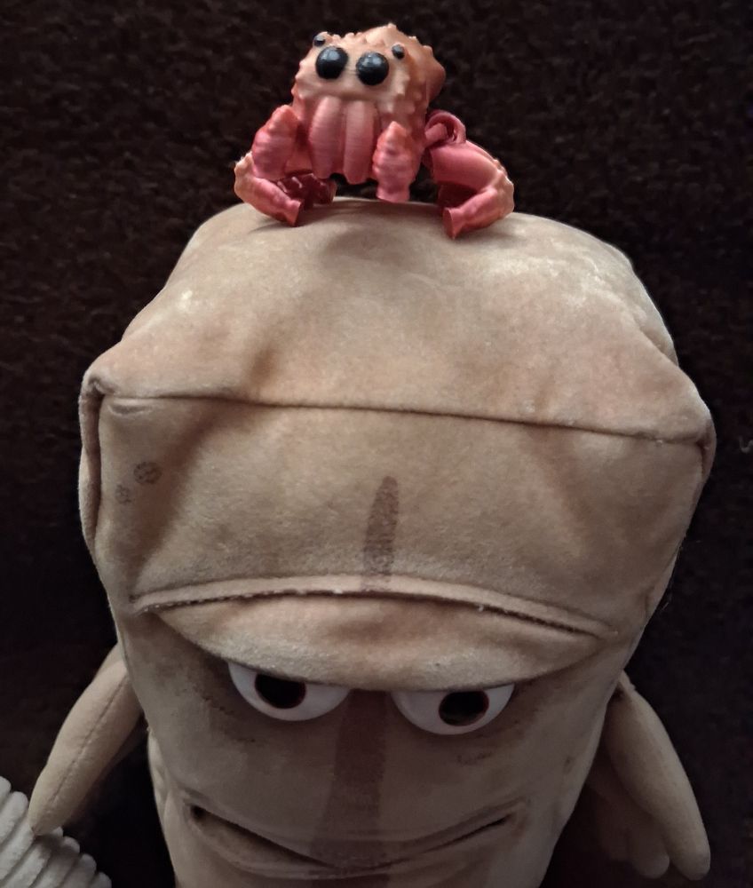 Bernd das Brot guckt nicht begeistert. 
Der Skorpion ist einfach sehr süß und sitzt auf Bernds Kopf.