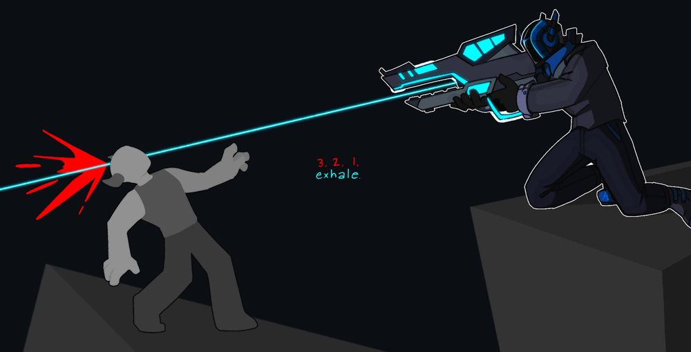 art of the game Phighting! on Roblox. hyperlaser is kneeling on the right side and firing a headshot at a featureless civilian on the left.