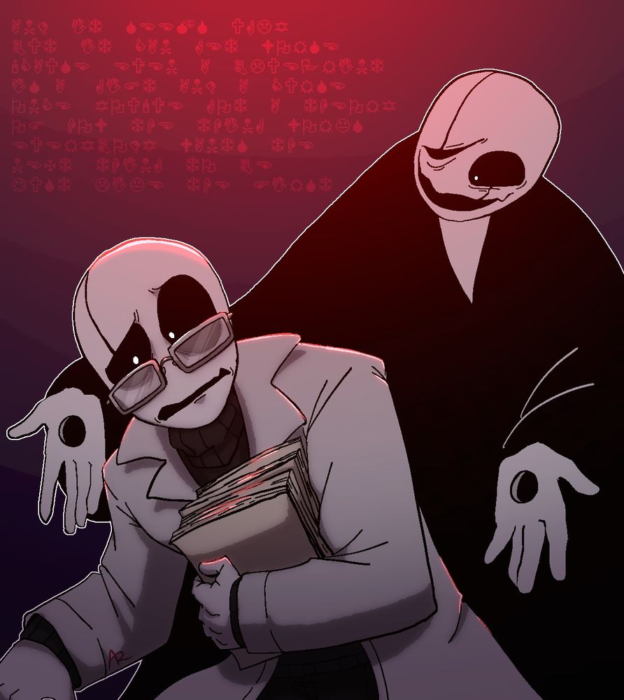 art of doctor w.d. gaster from undertale/deltarune. on the left is before his fall into the CORE, where he's holding a stack of paper and looking nervous. on the right is his post-fall version, smiling creepily. above and to the left are lyrics from the song "When They Come For Me" by Linkin Park written in Wingdings font. 