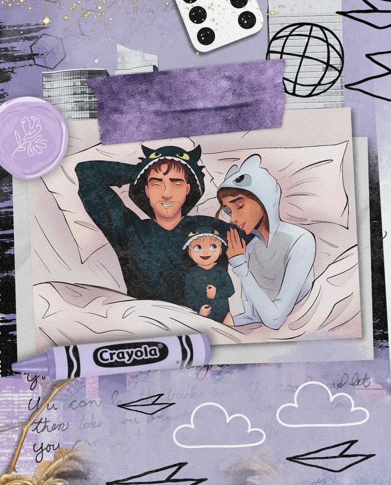 ilustração do livro de “um péssimo negócio” - pais e filho deitados na cama com um pijama do filme “como treinar o seu dragão”

🎨: @brunagarretart
designer do post: @ahripinheiro