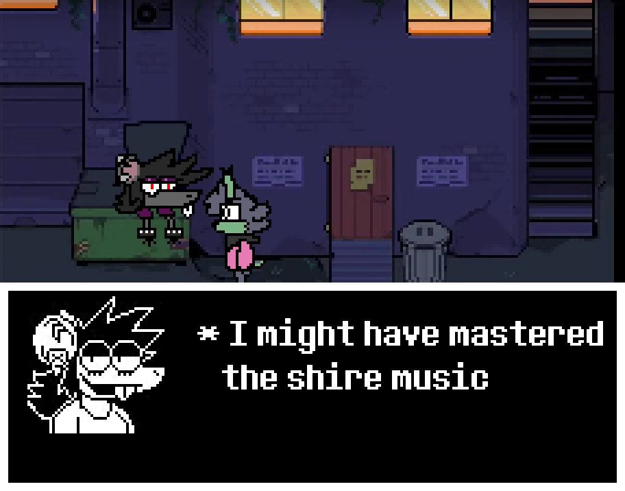 a screenshot from a real game that really exists i swear i didnt just edit an undertale yellow screencap and put in the undertale dialogue sprite @tyrantrat.bsky.social made

anyway ezzy is in a dumpster talking to mints, saying "i might have mastered the shire music" which makes sense in context and is actually pretty lore critical