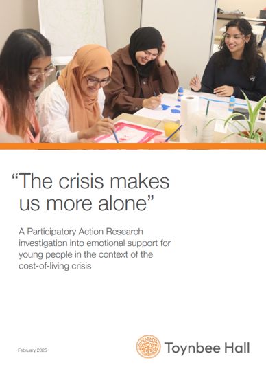 Cover page of the report "The crisis makes us more along". A Participatory Action Research investigating into emotional support for young people in the context of the cost-of-living crisis.