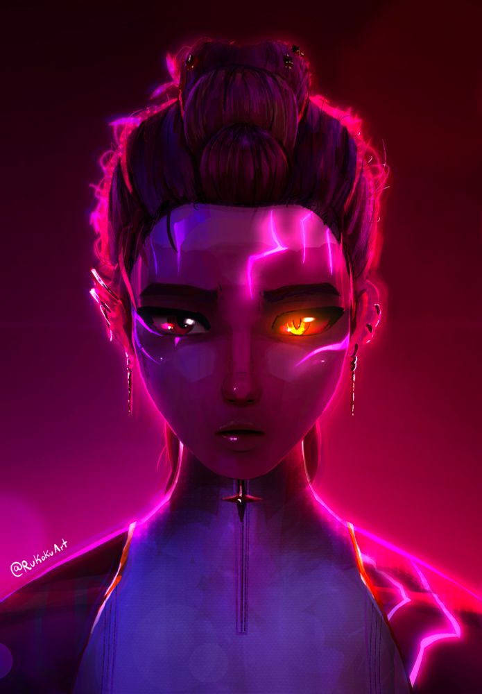 Digital Fan Art Portrait of Rumi from Kpop Demon Hunters, made in Procreate. Vibrant and Saturated with Pink and Purple Hues.