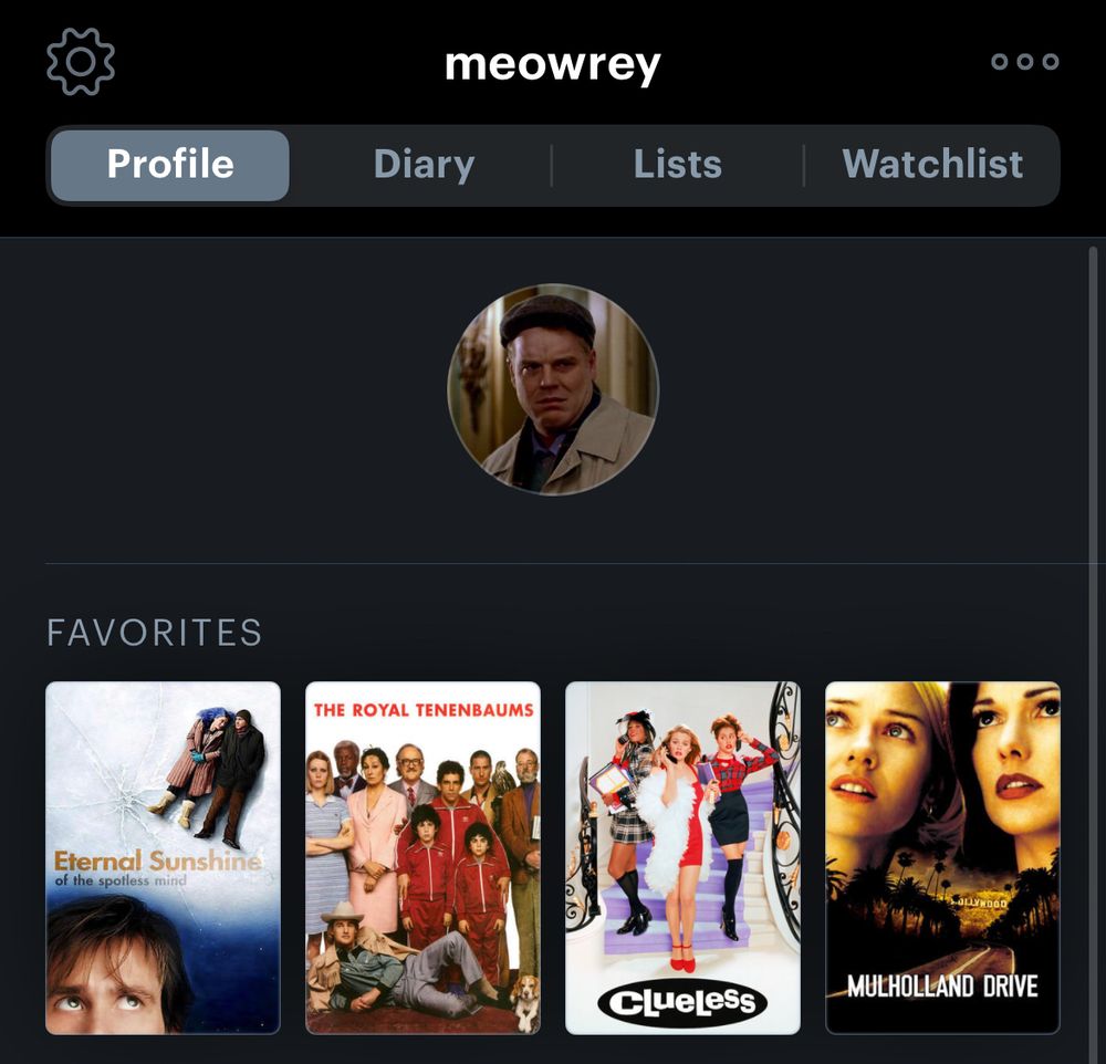 Current top 4 movies for Letterboxd user @meowrey: Eternal Sunshine of the Spotless Mind, The Royal Tenenbaums, Clueless, and Mulholland Drive