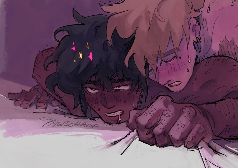 a close up drawing of vash and wolfwood from the front, wolfwood pressed against the bed and vash has his chin over wolfwood’s shoulder, chest pressed to wolfwood’s back. vash has a pleasured expression, brows furrowed up and mouth opened. the rest of his body can’t really be seen. wolfwood’s expression is twisted into pleasure, eyes rolled back and drooling from his mouth, a hint of a tear at the corner of his eye. he has one hand pressed flat against the bed and another in front of him, gripping it hard.