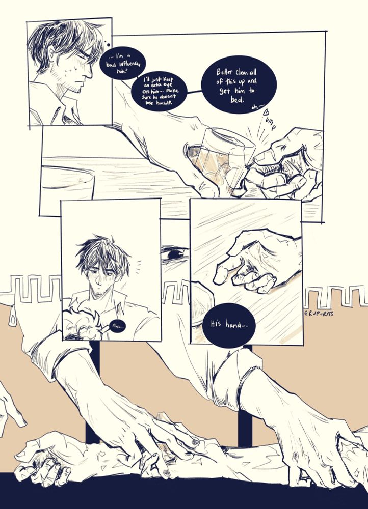 wolfwood looks a bit troubled, “i’m a bad influence, huh? i’ll just keep an extra eye on him, make sure he doesn’t lose himself… better clean all this up and get him to bed.” he moves to take the glass from vash’s hand, bumping his hand against vash’s. in his drunken stupor, he hones in on it, vash’s hand that lies open. wolfwood reaches out to it, a 3 drawing sequence showing his fingers caressing vash’s palm and taking hold of his hand.
