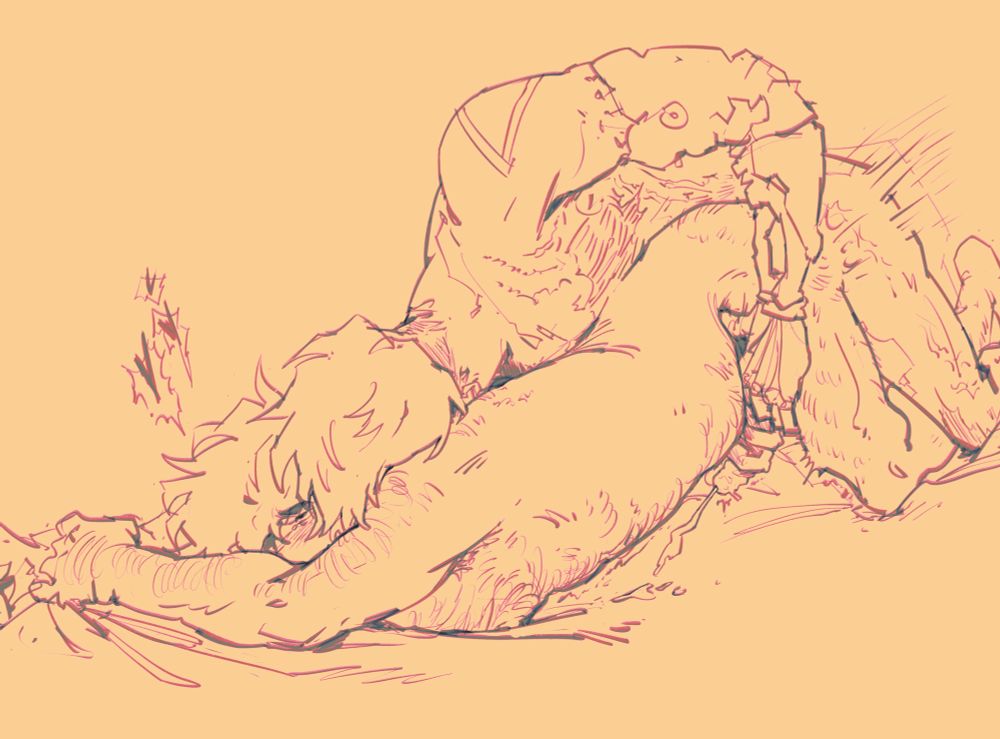 fanart of trigun stampede vash and wolfwood, mid-sex. vash has wolfwood against the bed, gripping him by his inner thigh to hold his lower half up as he thrusts into wolfwood. his other hand is on wolfwood’s dick, helping wolfwood as he shoots out a rope of cum. vash’s face can’t be seen as he’s nuzzled into wolfwood’s nape. a glimpse of wolfwood’s expression, his eyes rolled up and flushed. his arms are stretched out in front of him, gripping onto the bedsheets.