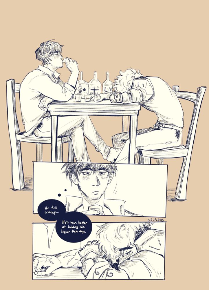 trigun stampede comic. wolfwood and vash are seated at the table, wolfwood drinking from a shotglass and vash knocked out, leaning against the table with a glass in hand too and bottles of liquor next to him. wolfwood looks down to vash who’s quietly sleeping, flushed cheeks from the alcohol. he thinks, “he fell asleep… he’s been better at holding his liquor these days.”