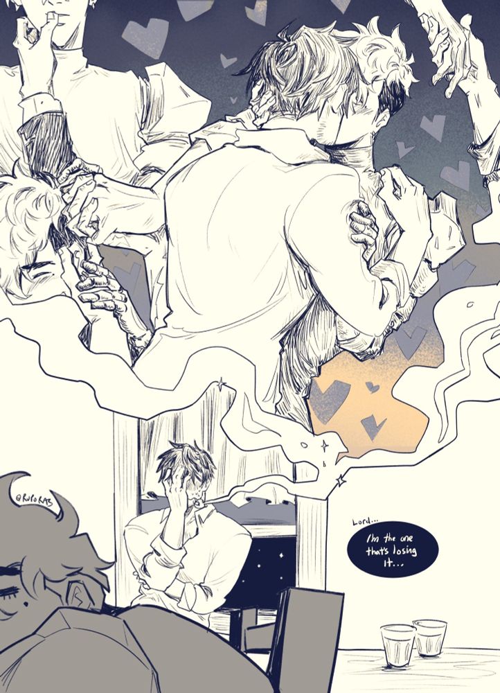 and in that action, a blossom of imaginary thoughts came to his head; of interlacing their fingers, of his own hand against vash’s lip, against his cheeks, and having the warmth of their hands against each other’s bodies as they kiss. snapped to reality, wolfwood had physically distanced himself from vash who’s still sleeping peacefully and stood next to the open window, letting the cold air in. he sighs, palming his embarrassed expression as he thinks, “i’m the one that’s losing it…”