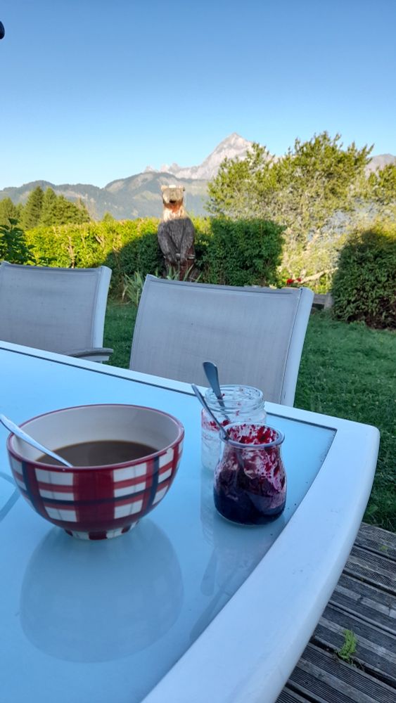 Petit déjeuner dans le jardin avec vue sur la montagne,  un bol de café, un petit pot de confiture de myrtilles bien entamé et un pot de yaourt.